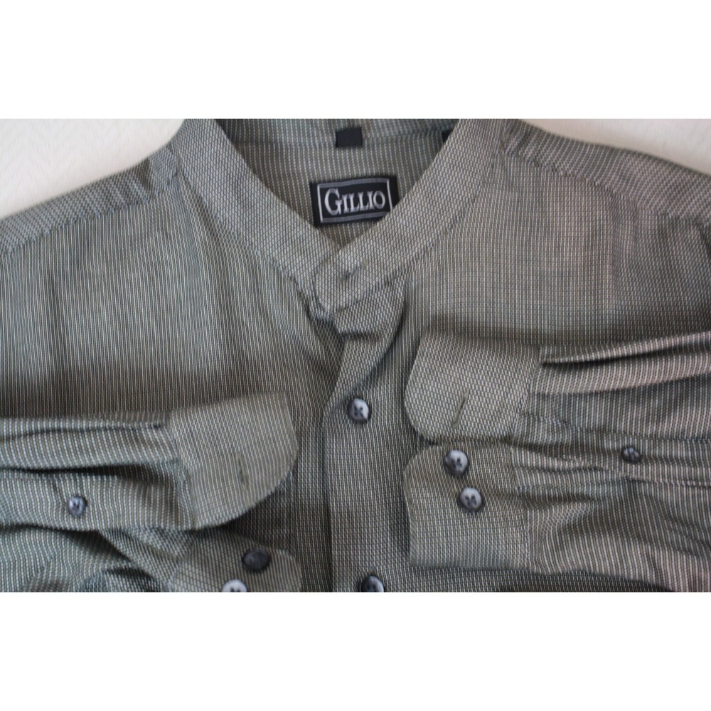 GILLIO Men's Shirt  Gray Tweed Banded Collar All Cotton  Long Sleeve Large